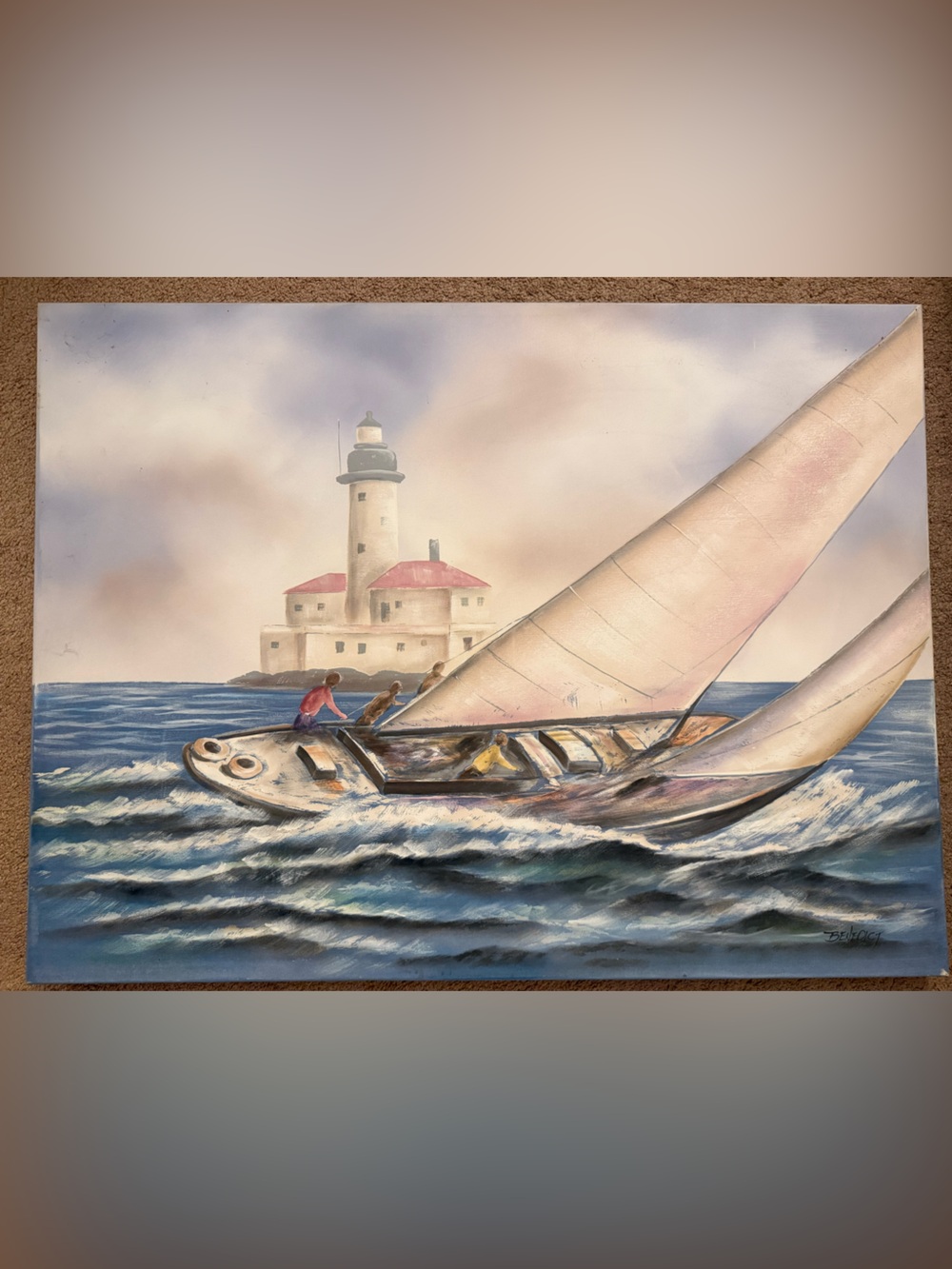 Benedict Signed Large Vintage Sailboat Lighthouse Seascape Painting 40x30